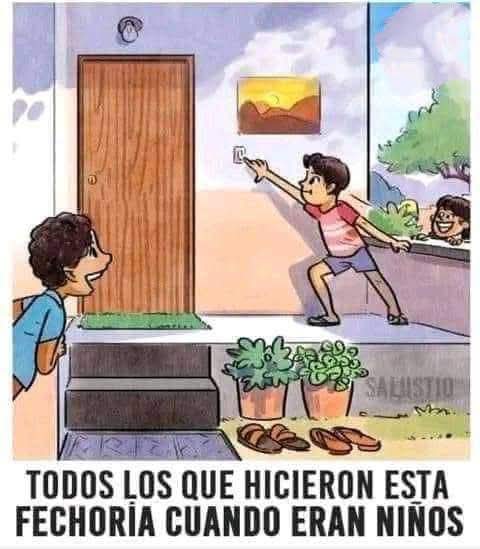 Dibujo de un niño llamando al timbre de una casa mientras otros dos niños se esconden y se ríen.