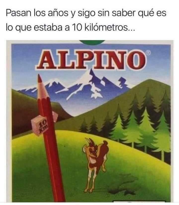 Caja de lápices Alpino con un lápiz rojo, montañas nevadas, pinos, un rebeco y un mojón de 10 km.