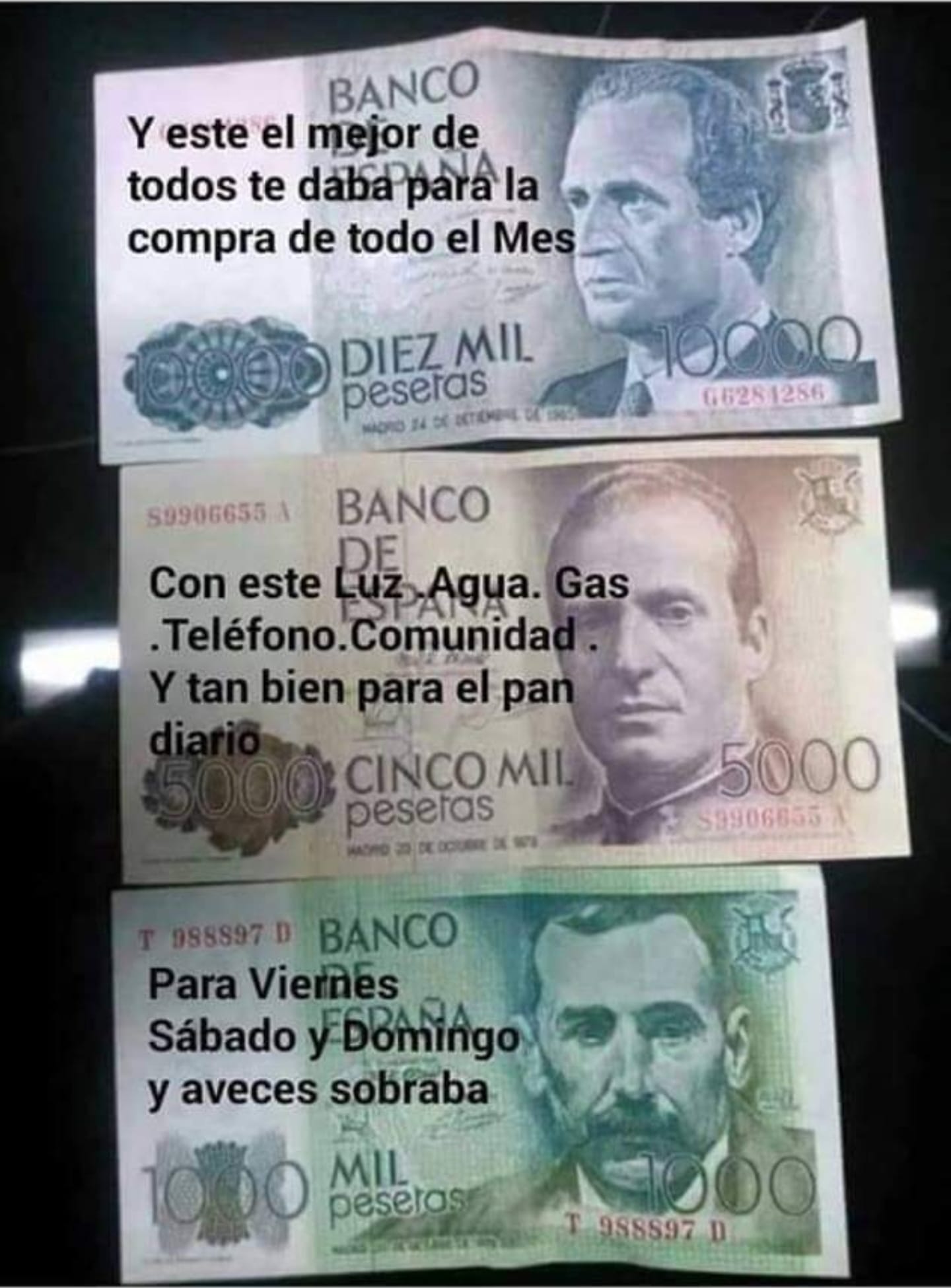 Tres billetes antiguos de 10.000, 5.000 y 1.000 pesetas con textos superpuestos.