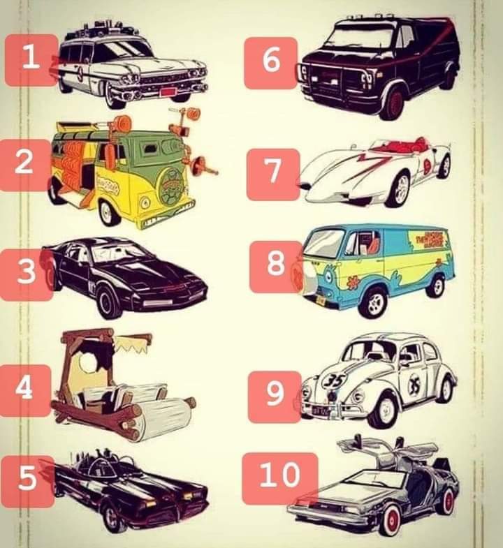 Diez coches famosos de series y películas numerados.