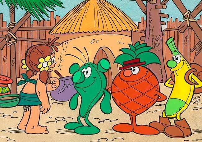 Los personajes de Los Fruittis delante de su poblado