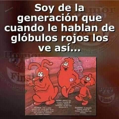 Dibujos de tres glóbulos rojos con ojos, nariz y sonrisa, de la serie Érase una vez el cuerpo humano.