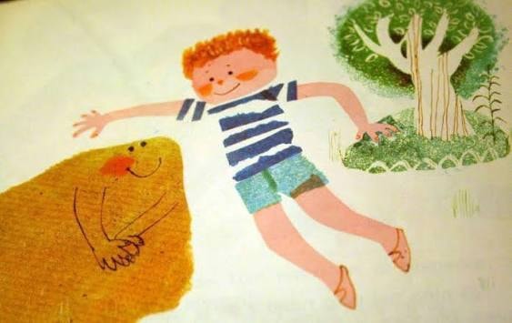 Ilustración de un niño volando sobre un prado de un libro Senda