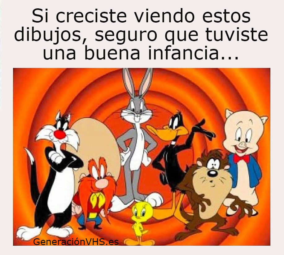 Ilustración de los personajes de los Looney Tunes sobre un fondo de círculos rojos y naranjas.