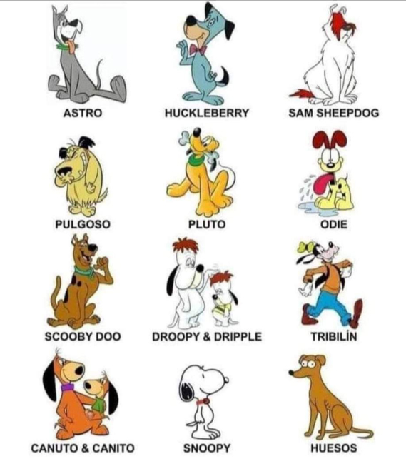 Lámina con perros de dibujos animados y sus nombres