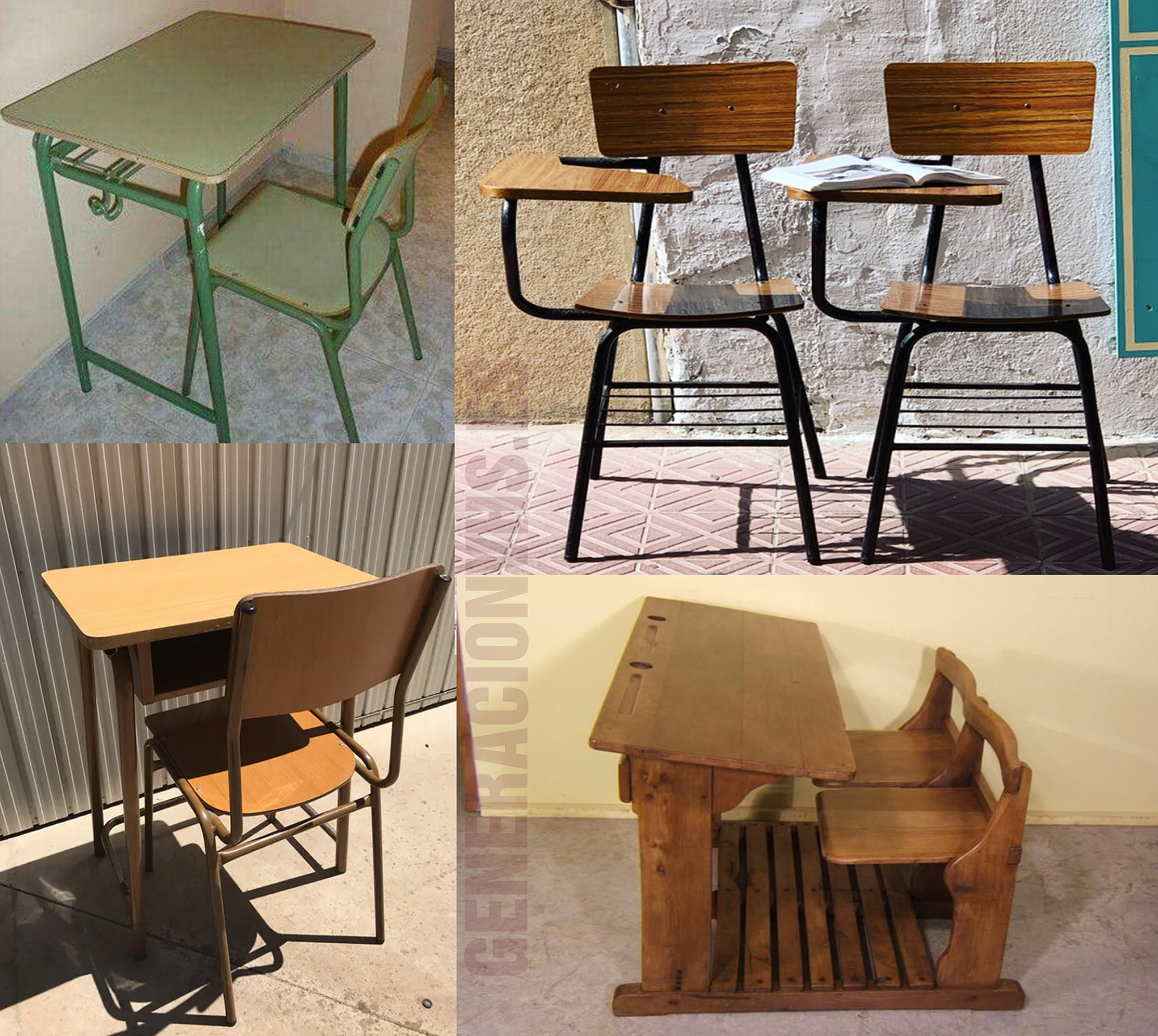 Varios modelos de pupitres escolares antiguos