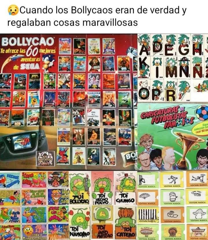Colección de pegatinas que regalaba Bollycao: juegos de Sega, letras y caricaturas.