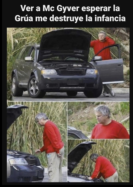 Hombre mayor con jersey rojo junto a un coche con el capó abierto en una carretera.