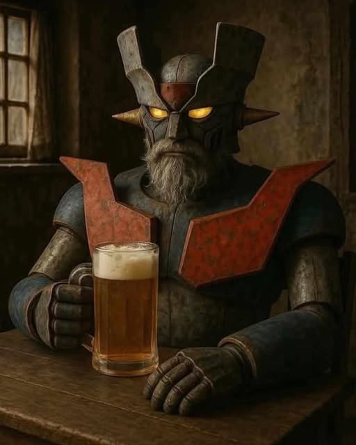 Robot parecido a Mazinger Z con una jarra de cerveza en un bar