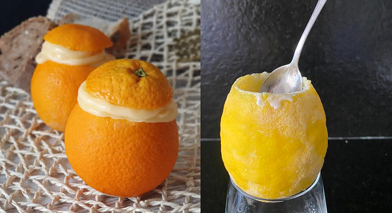 Una naranja helada y un limón helado rellenos de sorbete.