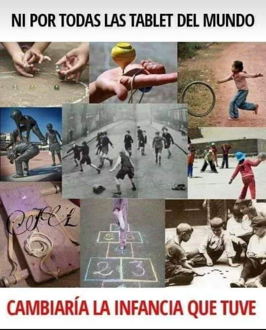 Collage de fotos de niños jugando a las canicas, la peonza, el aro, la rayuela y el fútbol en la calle.