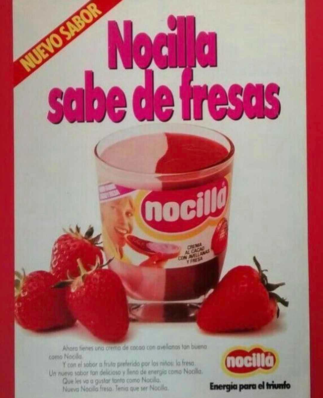 Anuncio de Nocilla con sabor a fresa con un vaso de dos colores y fresas.