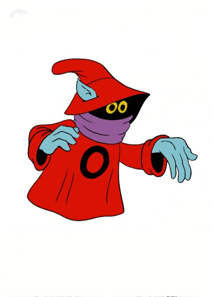 Dibujo de Orko, personaje de He-Man, con sombrero y túnica rojos, bufanda morada y ojos amarillos.