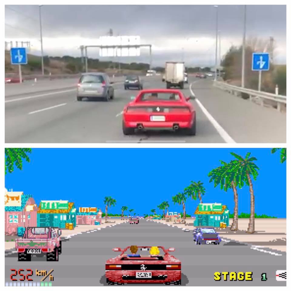 Ferrari rojo en una autopista comparado con la pantalla del videojuego Out Run.