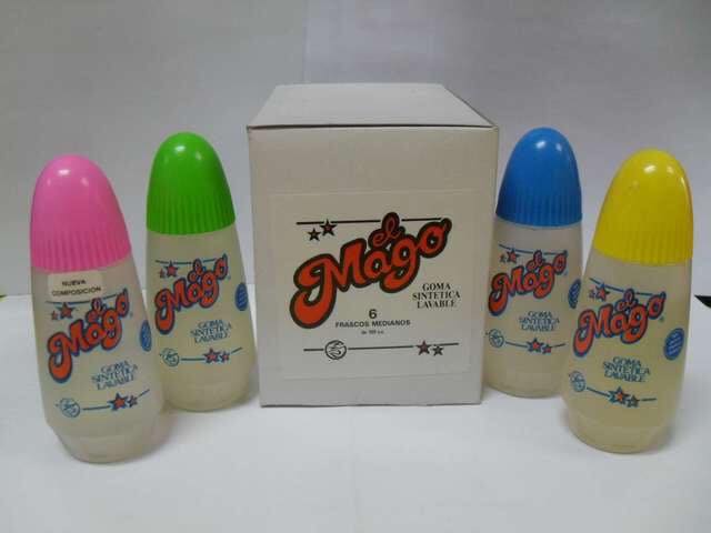 Botes de pegamento El Mago de colores con su caja.