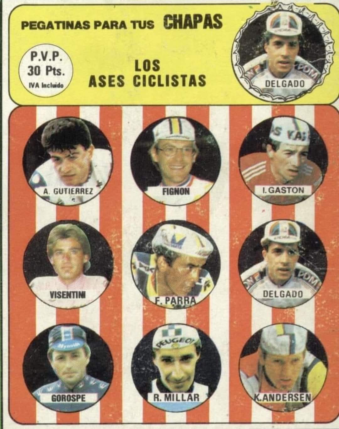 Hoja de pegatinas redondas de ciclistas para poner en chapas.