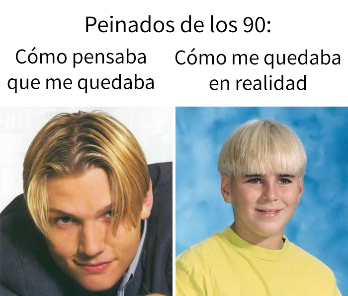 Meme con dos fotos: un joven con melena rubia con raya al medio y un niño rubio con corte de tazón y camiseta amarilla en una foto del colegio.