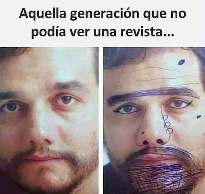 Dos fotos de la cara de un hombre: una normal y otra pintada con bolígrafo con cejas, bigote y barba.