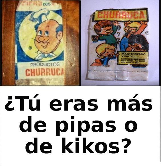 Dos envoltorios antiguos de Productos Churruca: una bolsa de pipas con un cocinero dibujado y otra de maíz tostado con niños.