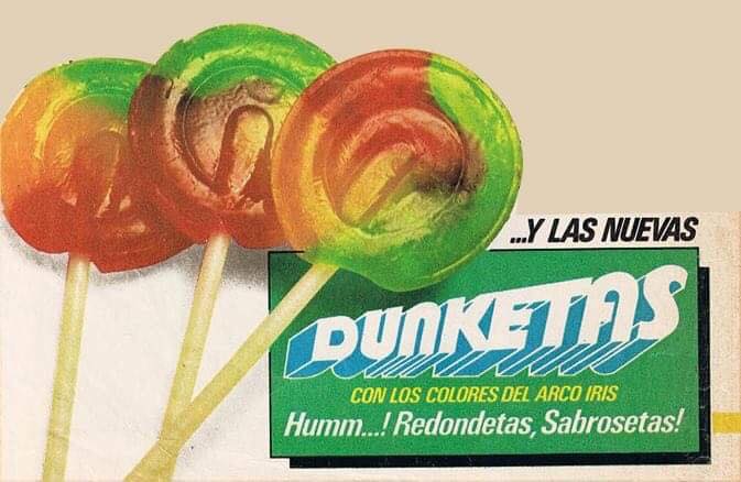 Anuncio de piruletas Dunketas de colores en espiral.