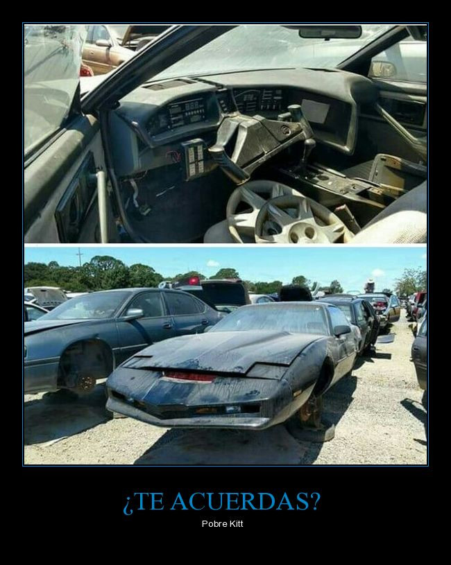 Dos fotos de un coche como el del Coche fantástico abandonado en un desguace.