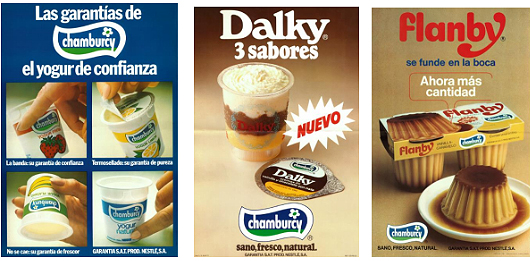 Tres anuncios de Chamburcy: yogures, Dalky de tres sabores y flan Flanby.