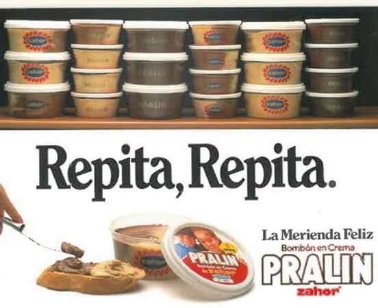 Anuncio de Pralín de Zahor con tarrinas apiladas y pan untado.