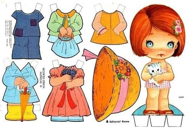 Recortable de muñeca pelirroja con vestidos.