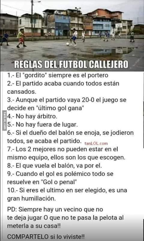 Foto de niños jugando al fútbol en una calle con una lista de reglas del fútbol callejero debajo.