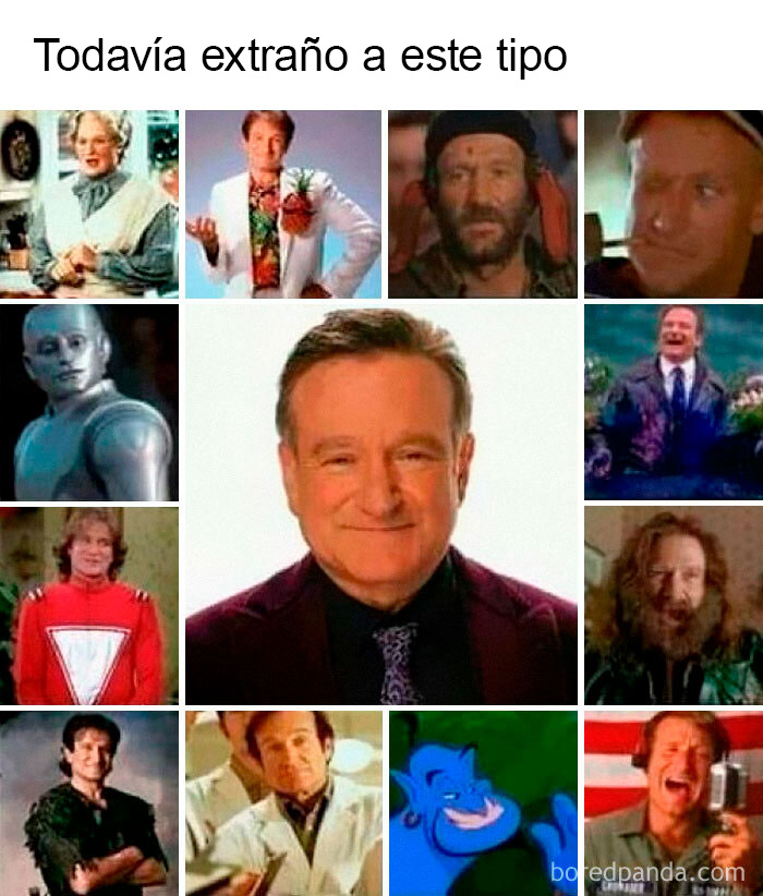 Collage de fotos de un actor en distintos papeles de cine alrededor de un retrato suyo sonriente.
