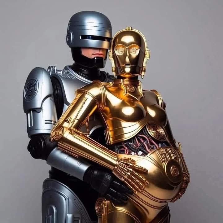 RoboCop abrazando por detrás a C-3PO, el robot dorado, con barriga de embarazada.