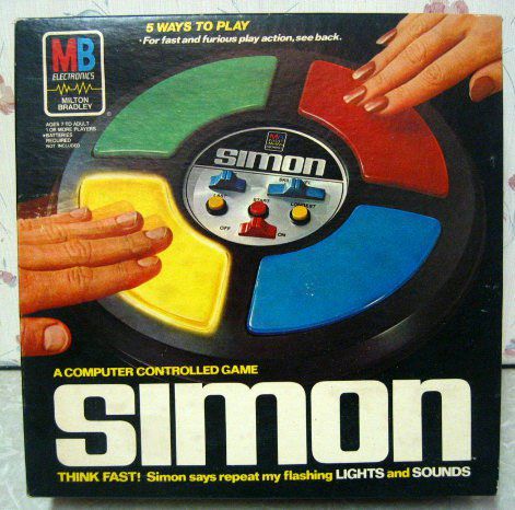 Caja del juego electrónico Simon con sus cuatro colores.
