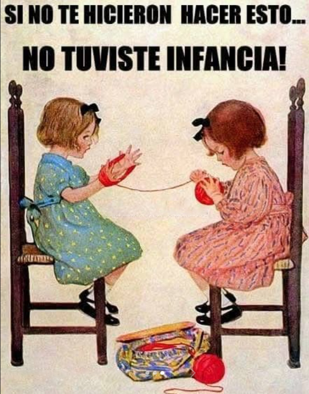 Ilustración antigua de dos niñas sentadas en sillas: una sujeta una madeja de lana roja y la otra hace un ovillo.