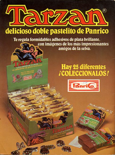 Anuncio del doble pastelito Tarzán de Panrico con su caja y los adhesivos de regalo.