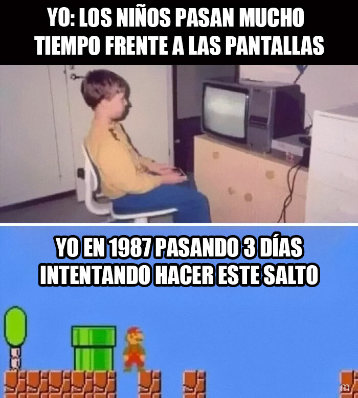 Arriba, un niño sentado ante una tele antigua; abajo, pantalla de Super Mario Bros. con Mario ante una tubería verde.